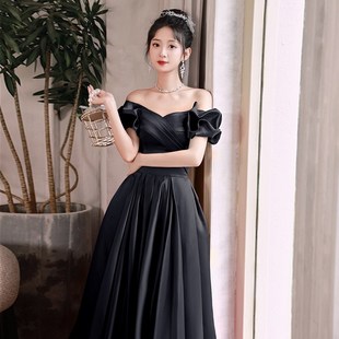 极速黑色一d字肩高端缎布晚礼服轻奢小众年会宴会主持人正式场合