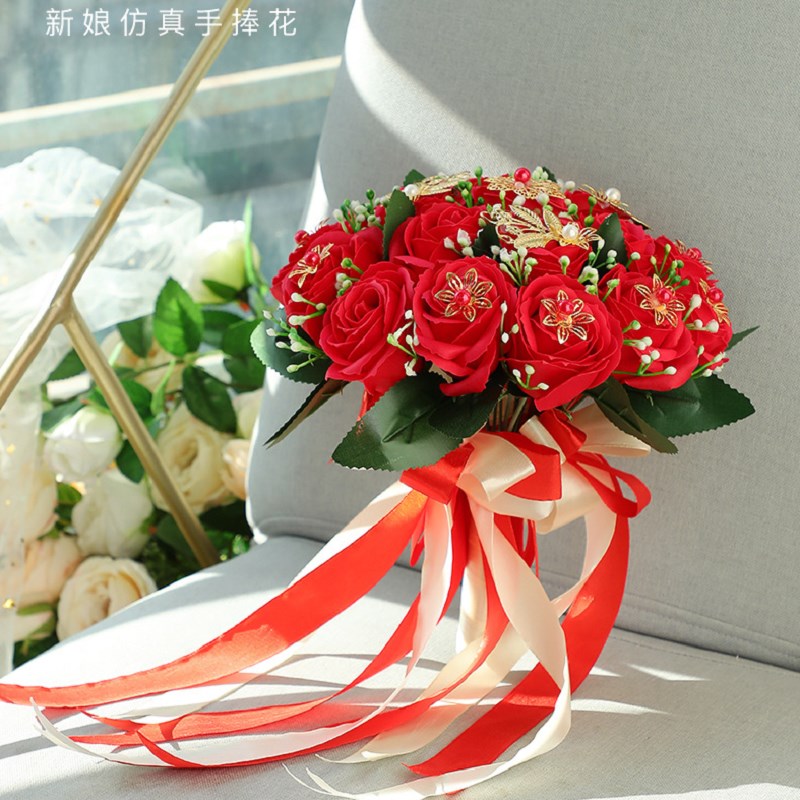 新品新娘仿真19朵玫瑰手u捧花结婚婚纱照摄影道具婚礼迎亲丝带轻