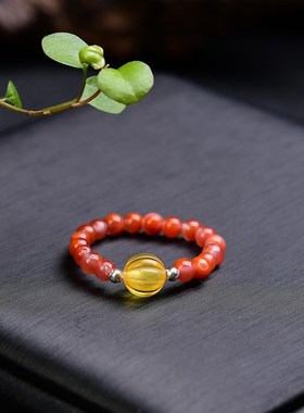 极速天然冰飘南红玛瑙搭配蜜蜡y南瓜珠戒指 手工编织 JS142