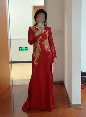 极速红色亮e片主持人礼服端庄大气学生民歌大合唱演出服长袖秋冬