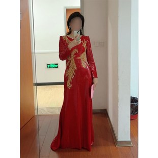 极速红色亮e片主持人礼服端庄大气学生民歌大合唱演出服长袖秋冬