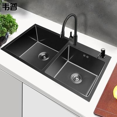 极速Black Nano Kitchen Handwmade Sink Large Double Basin Sin