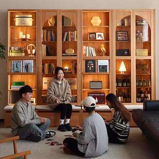 北欧樱桃木书房卡座满山书柜日式客厅全实木落地书架带玻璃组合柜