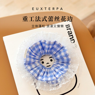 EUXTERPA欧特帕学院少女丸子头蕾丝边大肠发圈甜美格纹发饰手腕带