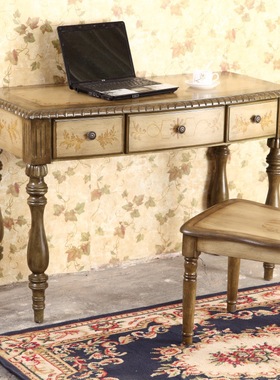 古典做旧黄绿色电脑桌椅子 美式墨绿色书桌 米字旗写字桌蓝色桌子