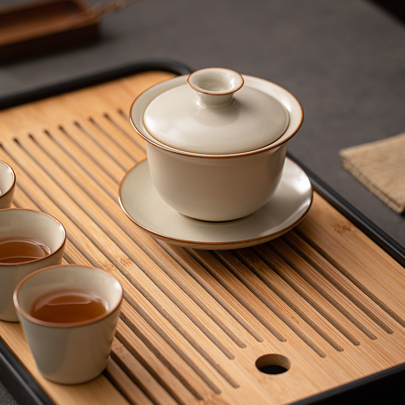 汝窑米黄三才盖碗陶瓷茶碗茶杯茶壶茶艺喝茶泡茶工具家用功夫茶具