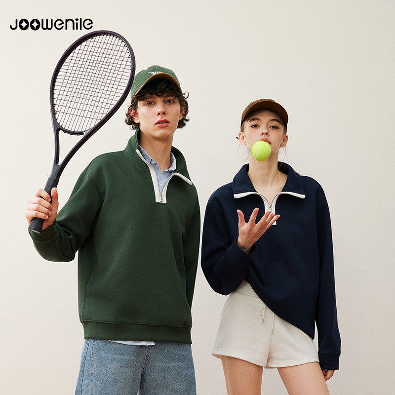JOOWENILE新款长袖T恤男女情侣款设计感运动复古风翻领半拉链卫衣
