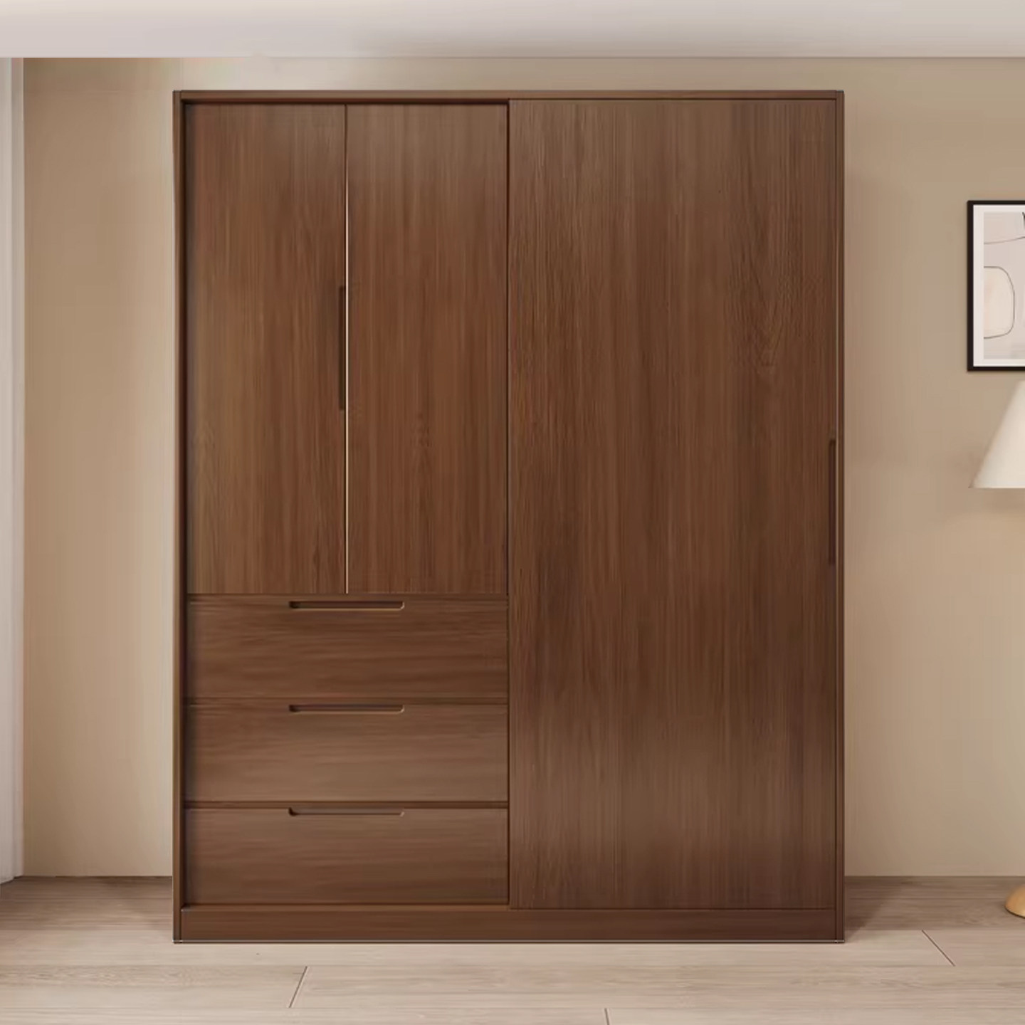 橡木衣柜家用卧室全实木胡桃色轻奢柜子定制一门到顶大衣橱包安装