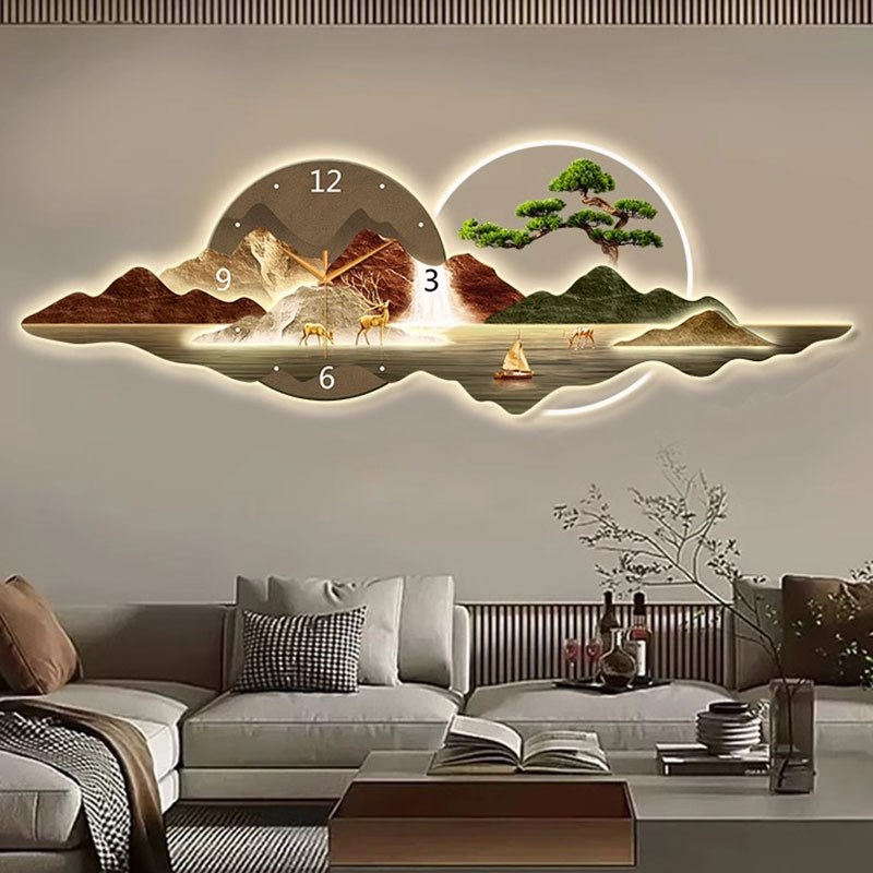 带灯静音钟表客厅高端装饰画LED发光沙发背O景墙挂钟壁灯画靠山图