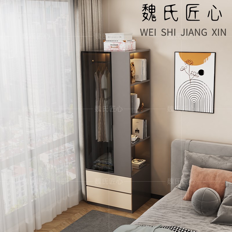 床头柜衣柜一体卧室衣帽架t家用新款置物架床边床头衣柜衣架储物