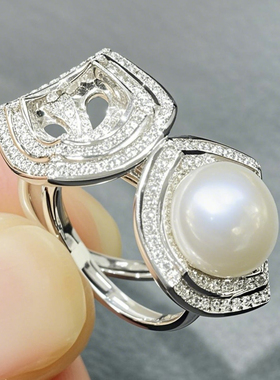 S925纯银珍珠戒指空托翡翠玉石圆珠戒指托DIY镶嵌银托不褪色戒托