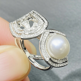 S925纯银珍珠戒指空托翡翠玉石圆珠戒指托DIY镶嵌银托不褪色戒托