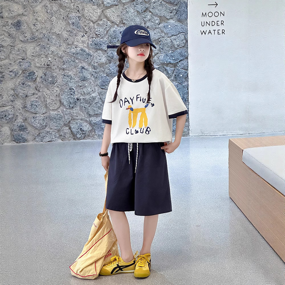 女童短袖t恤纯棉夏季2025新款初中生女牛仔裤女孩女大童夏季套装