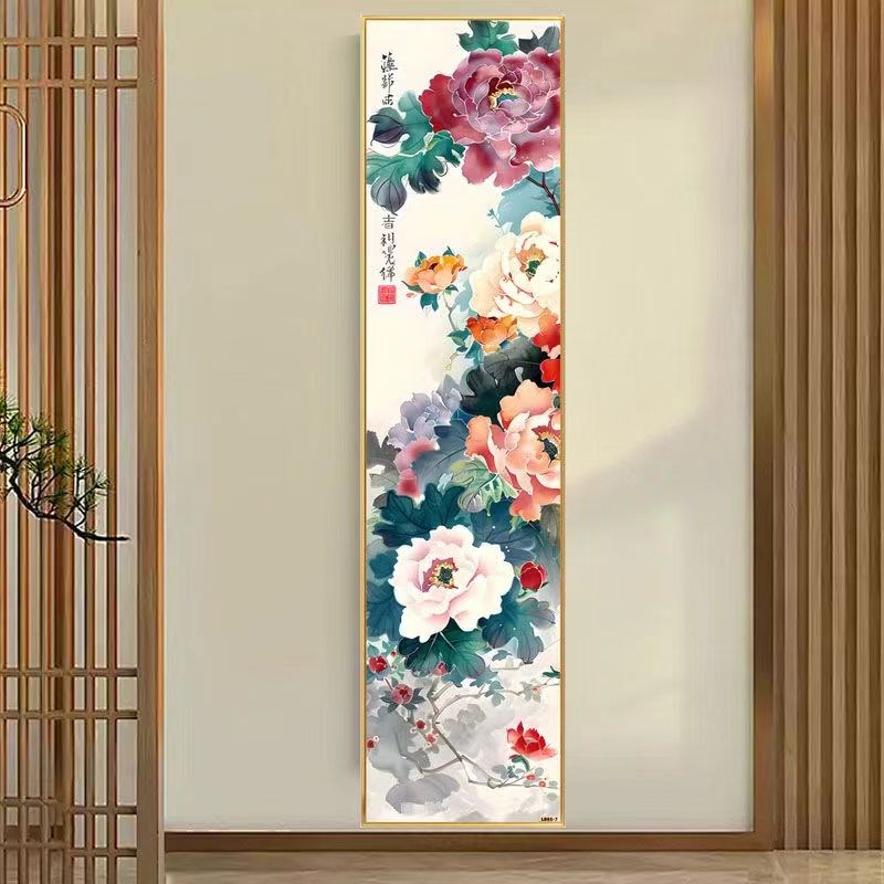 新中式牡丹入f户玄关装饰挂画走廊过道楼梯口壁画细长条竖版装饰图片