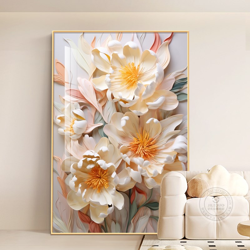 奶油风客厅牡丹花装饰画小清新沙发背景墙挂O画高级感玄关餐厅壁图片