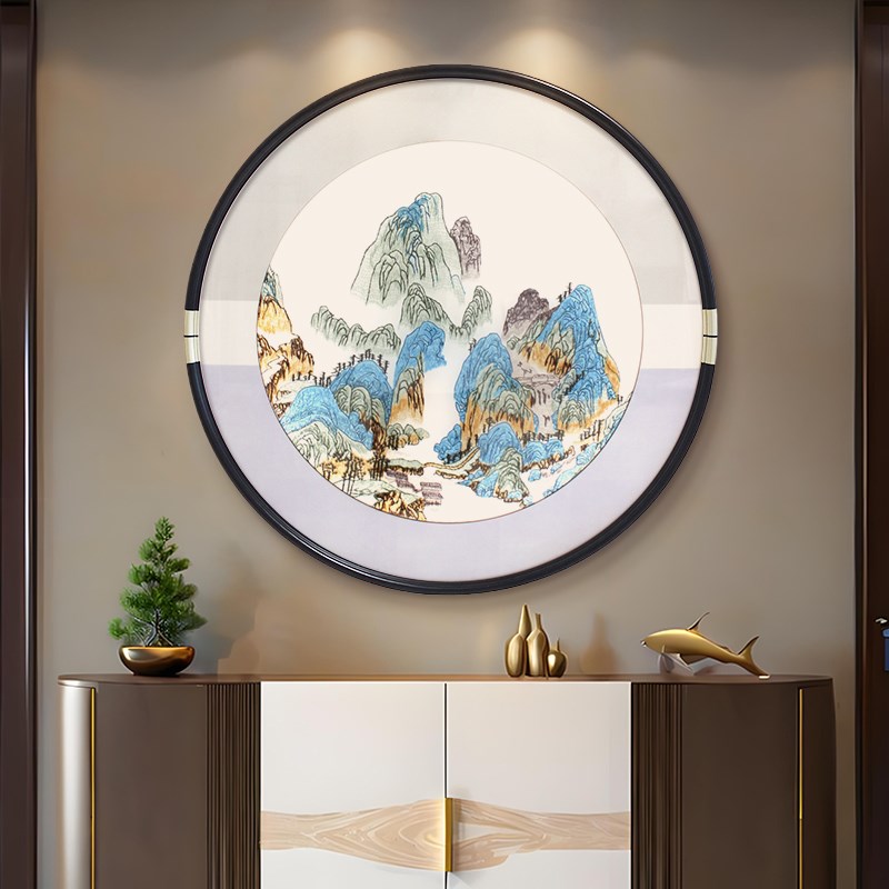 荷花鲤鱼新c中式苏绣圆形刺绣挂画高档成品壁画山水玄关带灯装饰图片