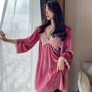 舒适春秋季 性感女士睡衣蕾丝拼接吊带裙纯色睡袍套装 金丝绒家居服