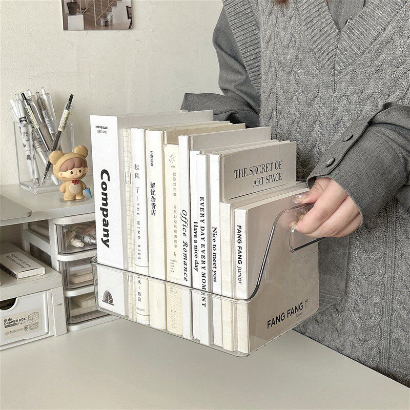 透明亚克力书立架学生桌面书本收纳盒办公室书桌书架文具置物架筐