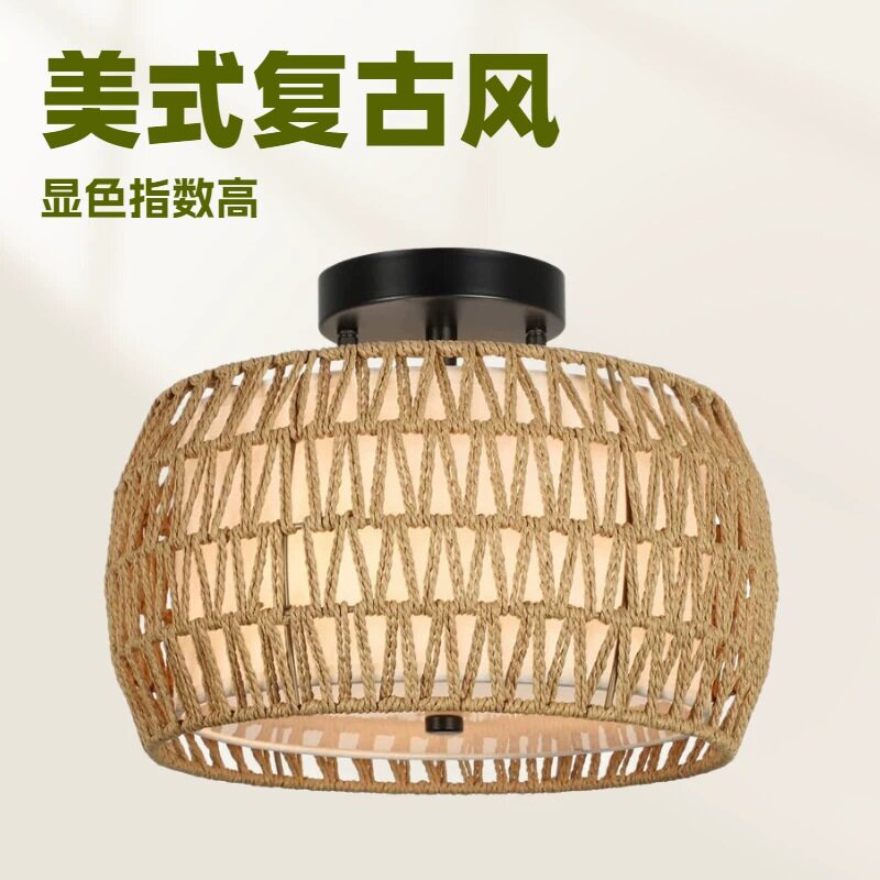 亚马逊ebay美式农舍吸顶灯复古编织藤编布艺圆形卧室餐厅民宿灯具
