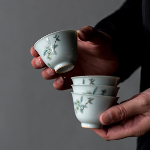 仿古胎手绘海棠花闻香杯薄胎釉上彩品茗杯陶瓷家用手工茶杯个人杯