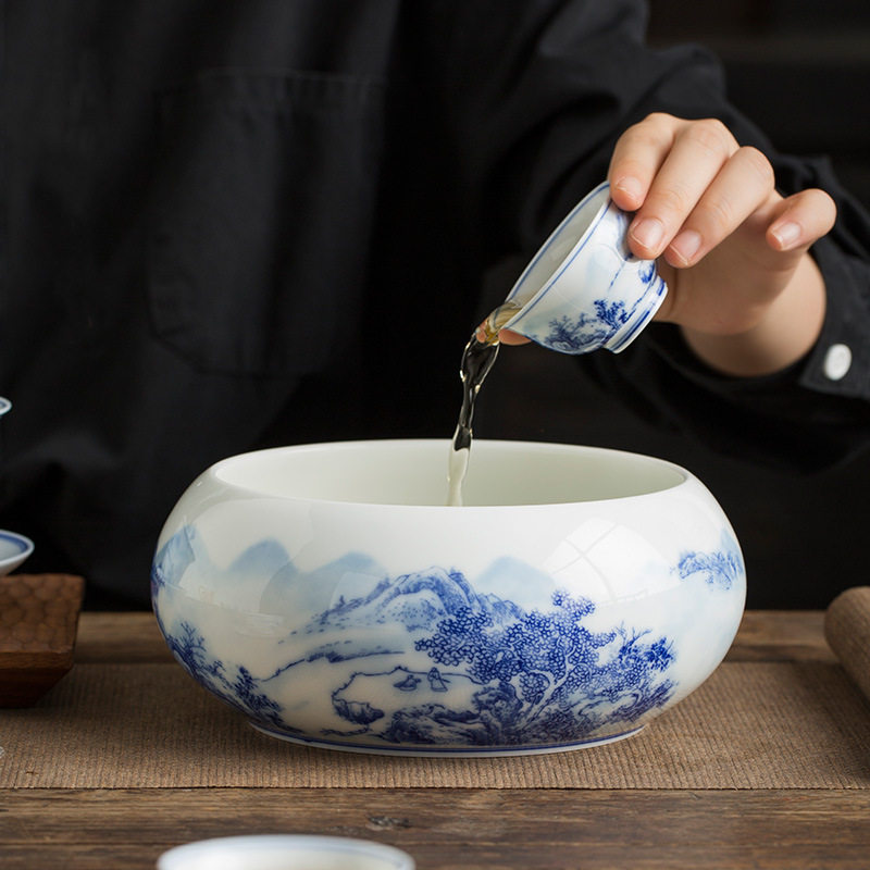 唯心造陶瓷大号茶洗缸手绘青花瓷茶具配件洗茶碗茶道零配笔洗水盂