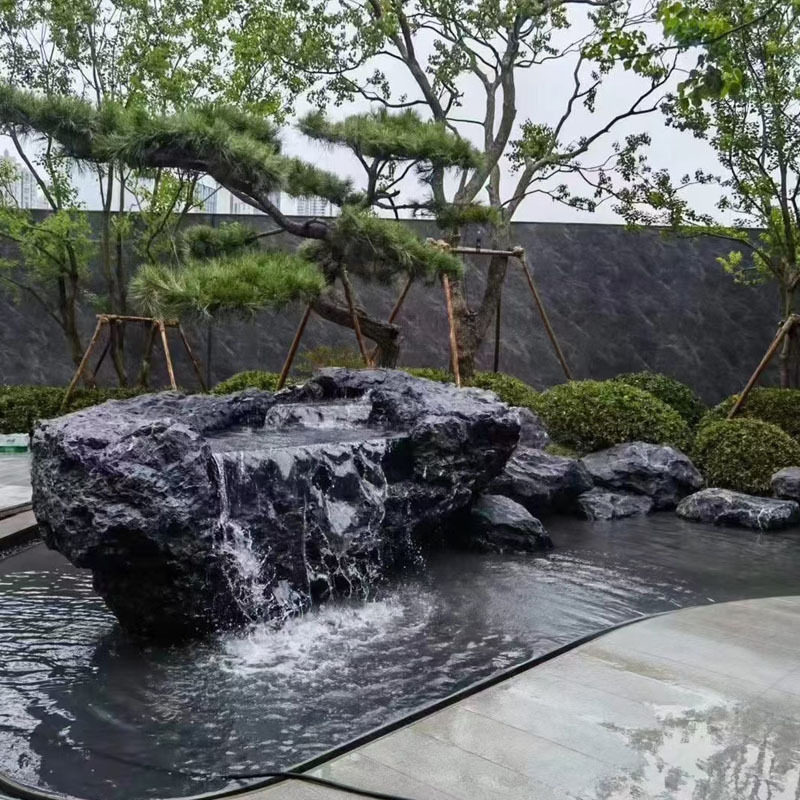 黑山石流水中式公园水景别墅户外景观摆件石雕养鱼池水钵盆