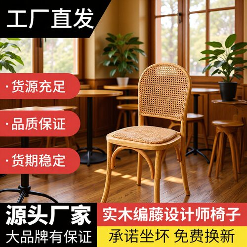 北欧藤编实木餐椅白胚散装