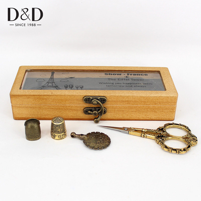 跨境热销复古木质工具套装纯铜精致工艺割线器DIY缝纫针线收纳盒