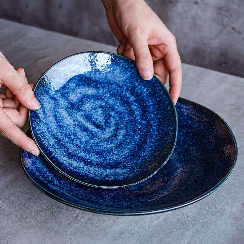 日式陶瓷星空盘22厘米海鼠蓝深盘家用菜盘多用盘水果点心甜品盘