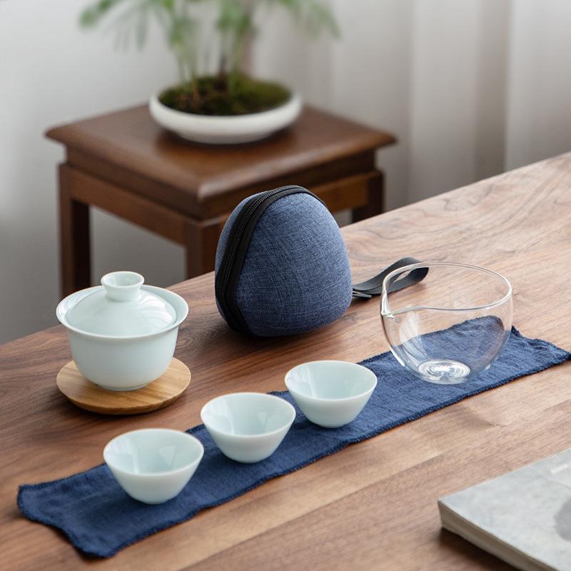 影青瓷悠哉快客杯一盖碗三茶杯功夫旅行茶具小套装便携包收纳