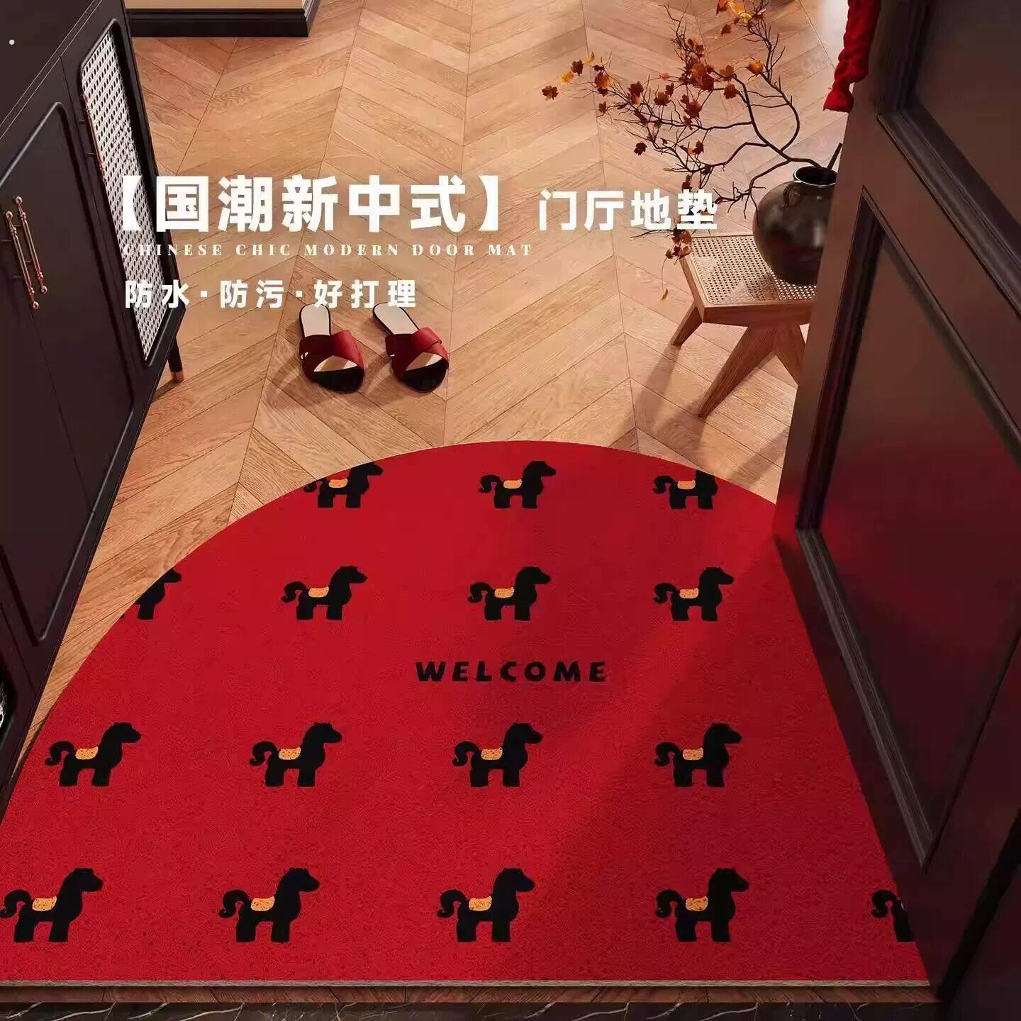 半圆入门地垫进门门口地毯可爱小马新年门垫红色喜庆乔迁脚垫丝圈