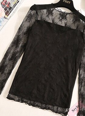 加绒秋冬新款蕾丝打底衫女长袖内搭网纱T恤修身上衣透视镂空小衫