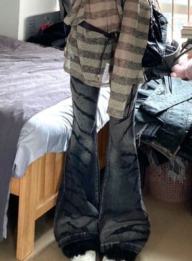 美式y2k大码水洗荆棘条微喇叭牛仔裤女辣妹修身显瘦垂感坠感长裤