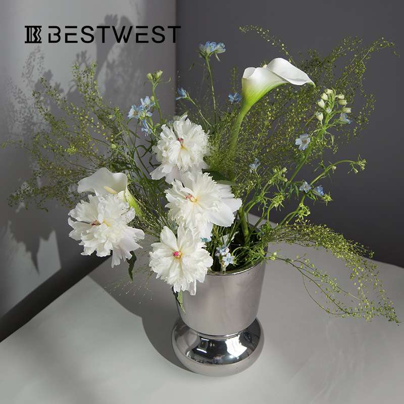 Best west 电镀银色轻奢柱状陶瓷花瓶摆件 家居软装客厅餐桌花器