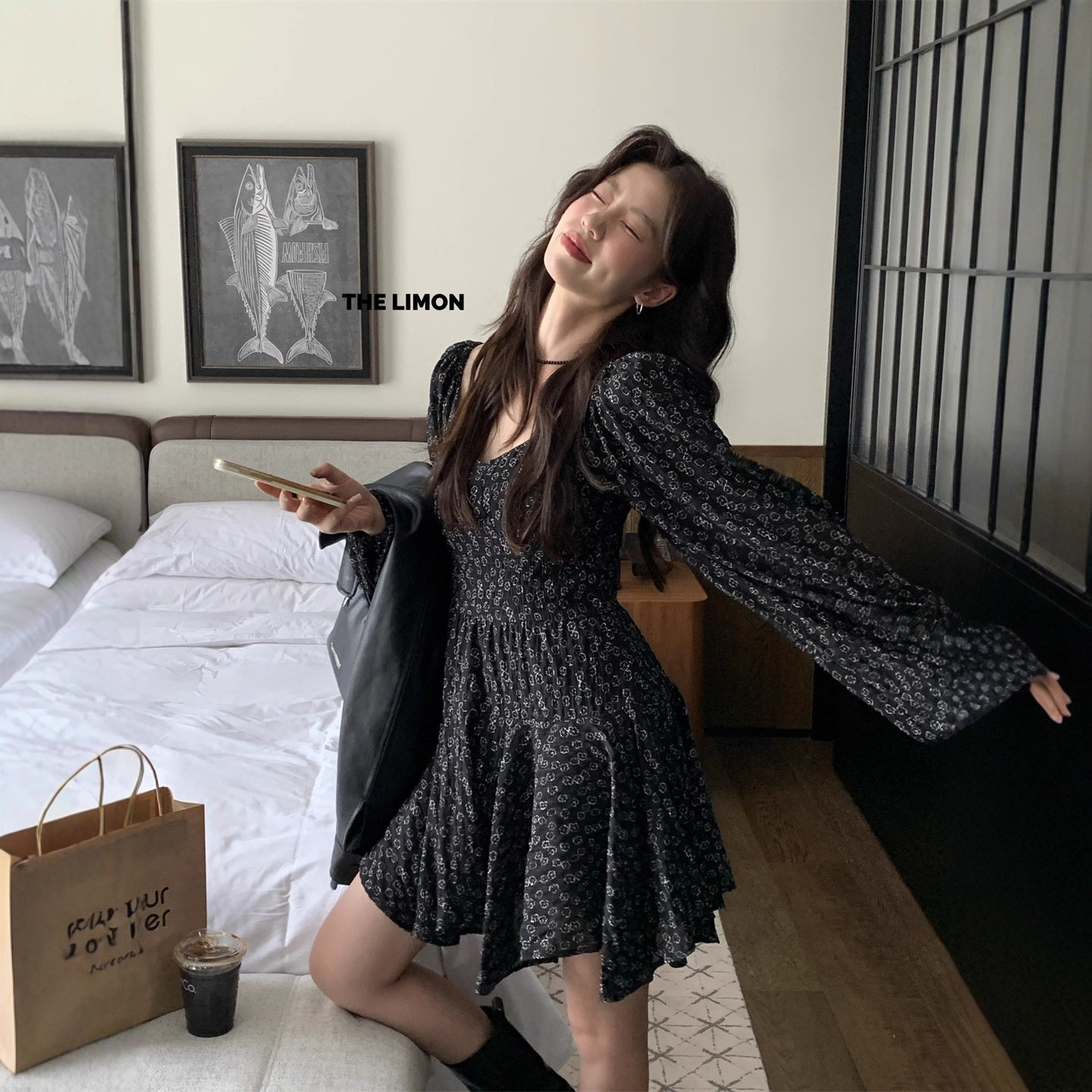 2025秋设计感碎花长袖连衣裙女小个子雪纺短裙显瘦显白可配大衣