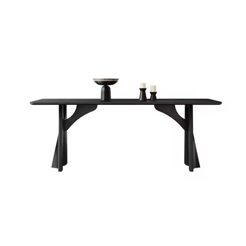 纯黑实木岩板餐桌长方形现代简约设计师202L5新款中古风饭桌椅组