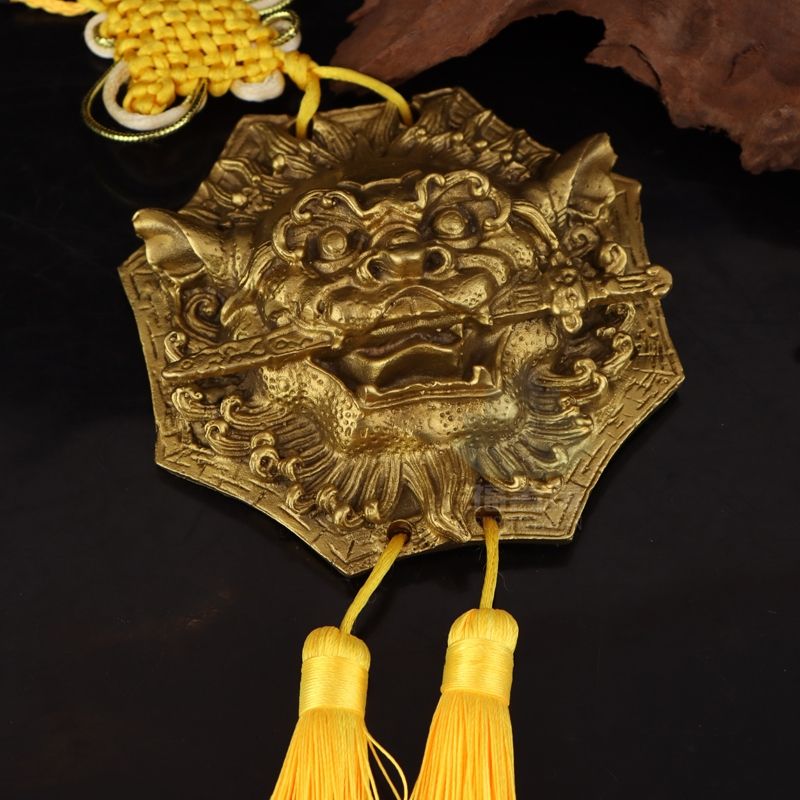 纯铜狮咬剑挂件八卦八角狮铜狮子头挂牌铜兽首门口挂饰.铜睚眦摆