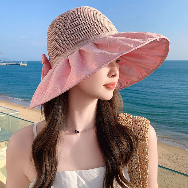 时尚网纱遮阳帽子女士镂空草编散热太阳帽户外沙滩防紫外线渔夫帽
