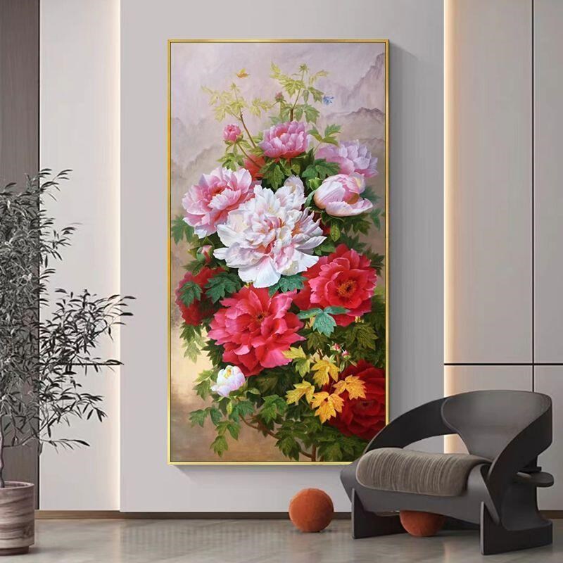 牡丹花入户玄关装饰画竖版新中式走廊过道挂画花T开富贵客厅墙壁图片