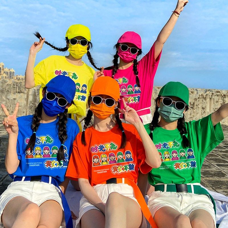 夏日多巴胺穿搭闺蜜装姐妹装团印花体拍照宽松纯棉短袖彩色t新品