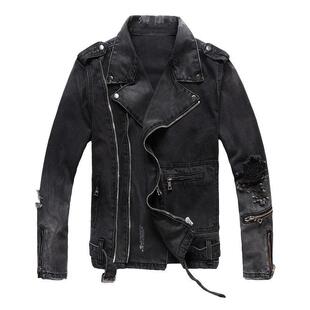 朋克风机车夹克男装破洞休闲百搭修身黑色牛仔外套青年上衣服403
