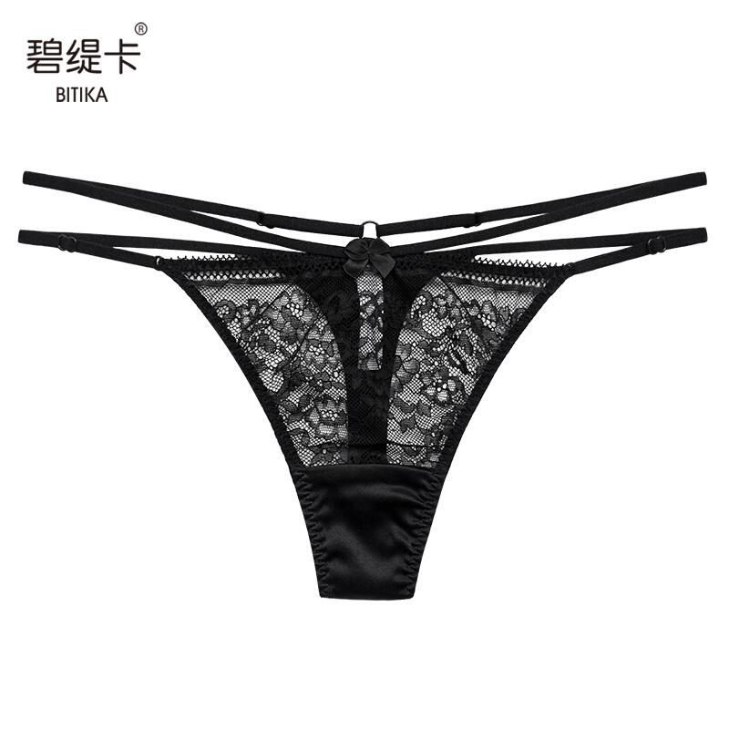 桑蚕丝细带丁字裤女透明蕾丝情调感黑色内裤低腰性感无痕小裤