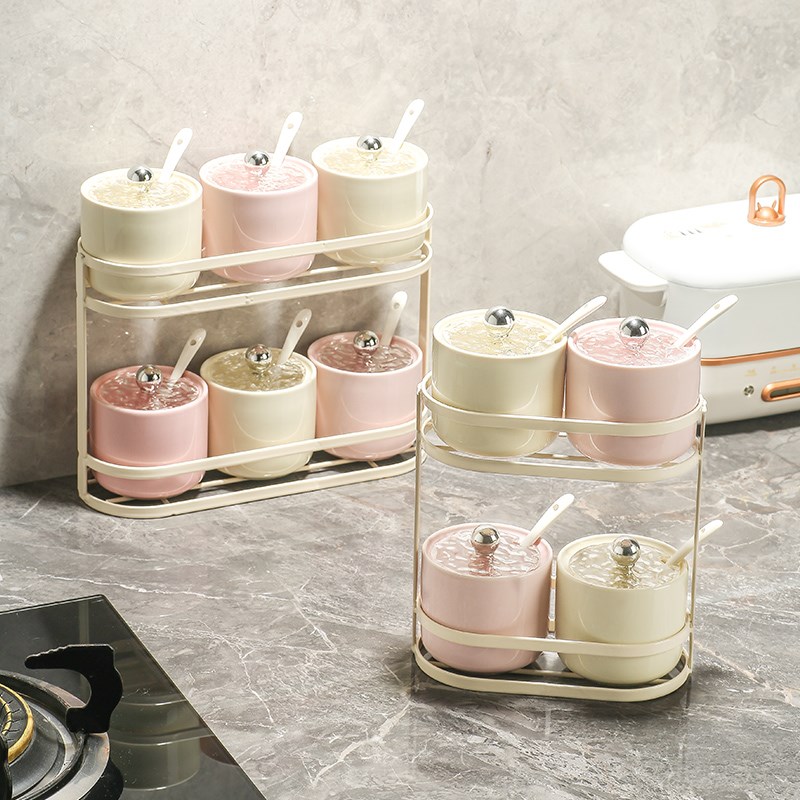 奶油风陶瓷调味罐调料盒套装带盖家用厨房味精辣S椒盐糖罐调味料