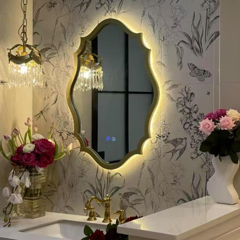 法式椭圆木制发光带灯pLED智能触控洗手台卫生间壁挂补光异形镜子