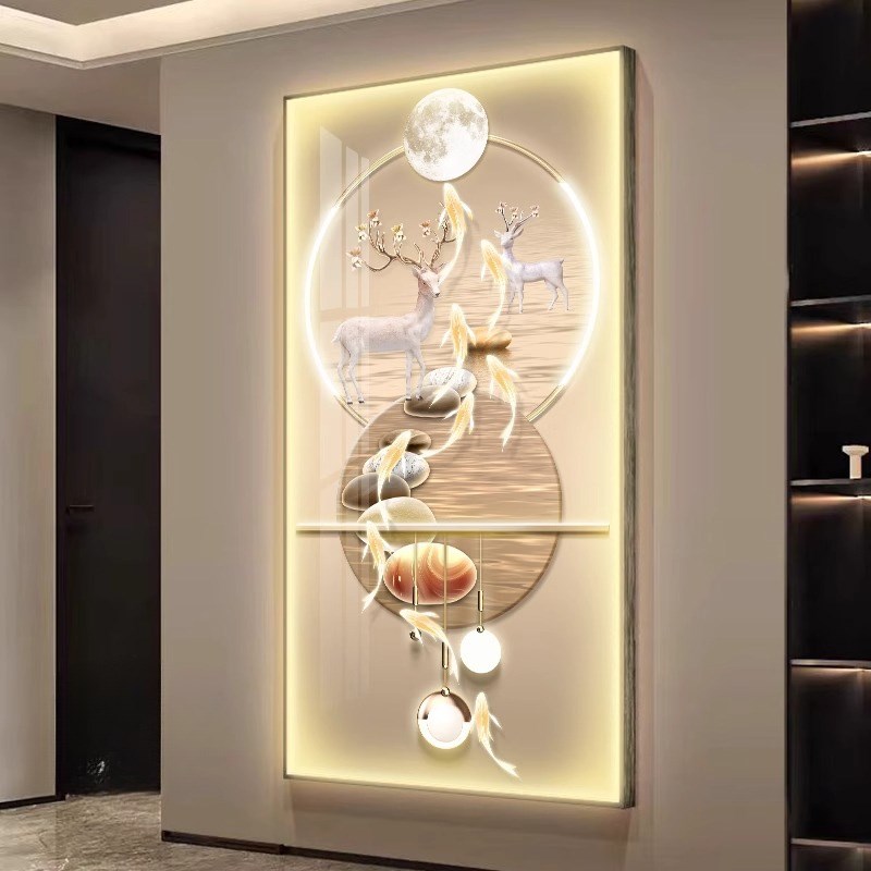 壁灯福鹿九鱼图玄关高端装饰画LED发光走廊过道T楼梯灯画进门挂画
