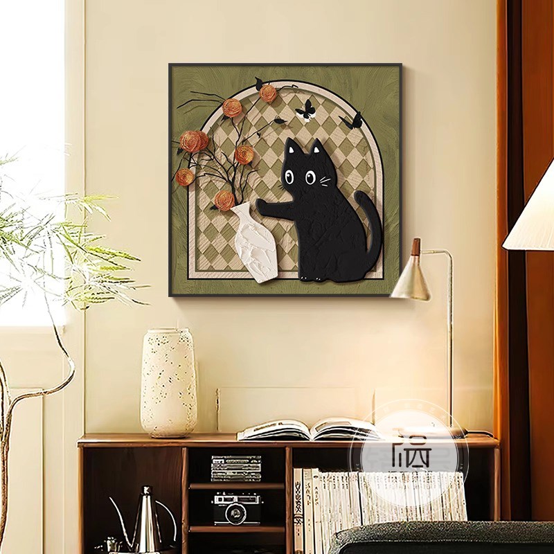 中古风餐厅饭厅装l饰画复古猫咪卧室床头摆画壁画客厅玄关斗柜挂