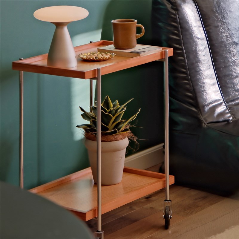 实木不锈钢移动边几小推车中古奶油风客厅L家用简约双层收纳置物