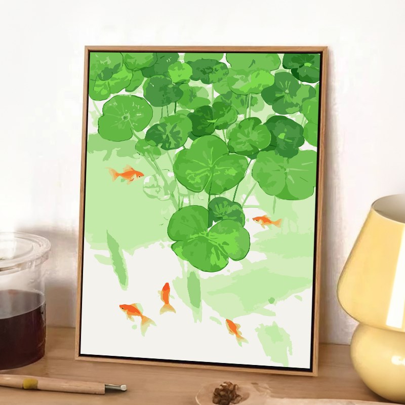 夏日荷花锦鲤数字油画diy填充填色手工绘睡莲风景W丙烯油彩装饰画图片