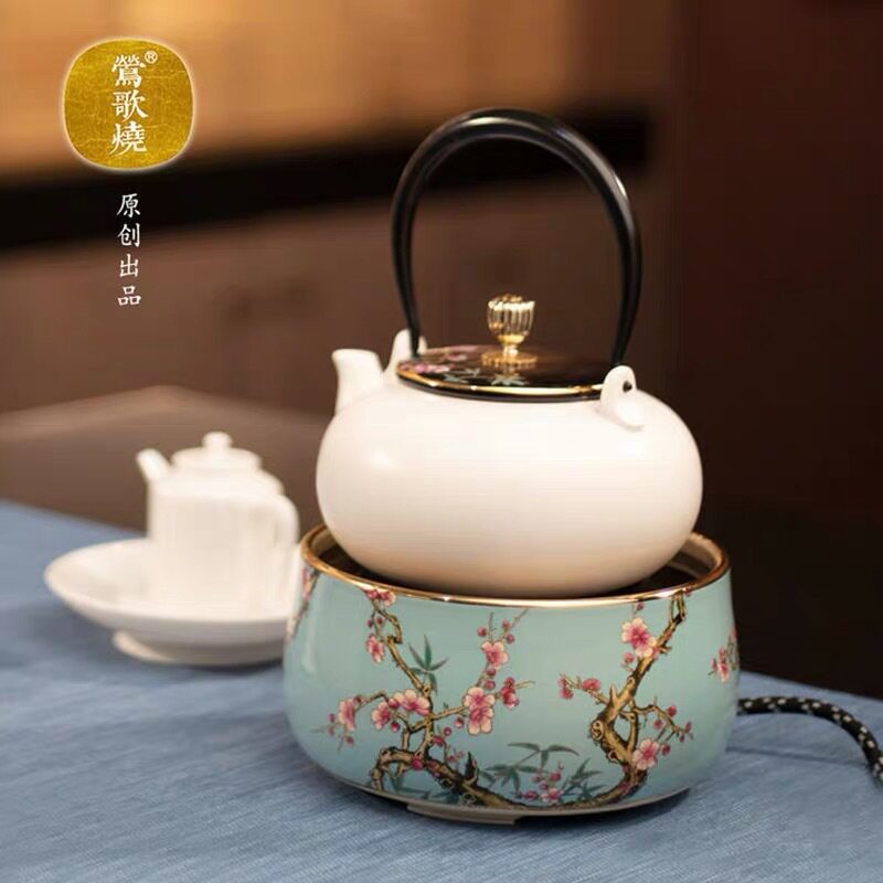 台湾莺歌烧电陶炉茶炉粉彩梅竹烧水炉家用静音迷你小型煮茶炉