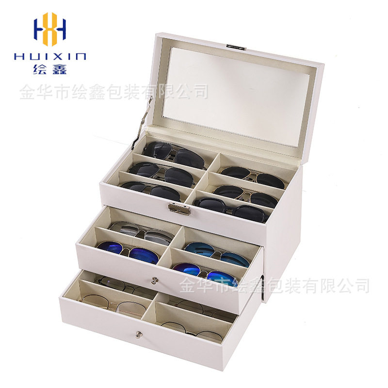 现货3层白色PU皮眼镜收纳盒 高透玻璃展示盒 打容量多功能饰品收